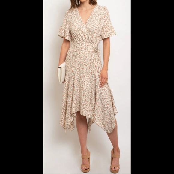 014 20 start White boho ditsy floral v-neck ruffle wrap waist midi dress - Picture 2 of 11